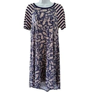 Lularoe Short Sleeve Carly Blue Pink Striped Feather Dress Size XS
